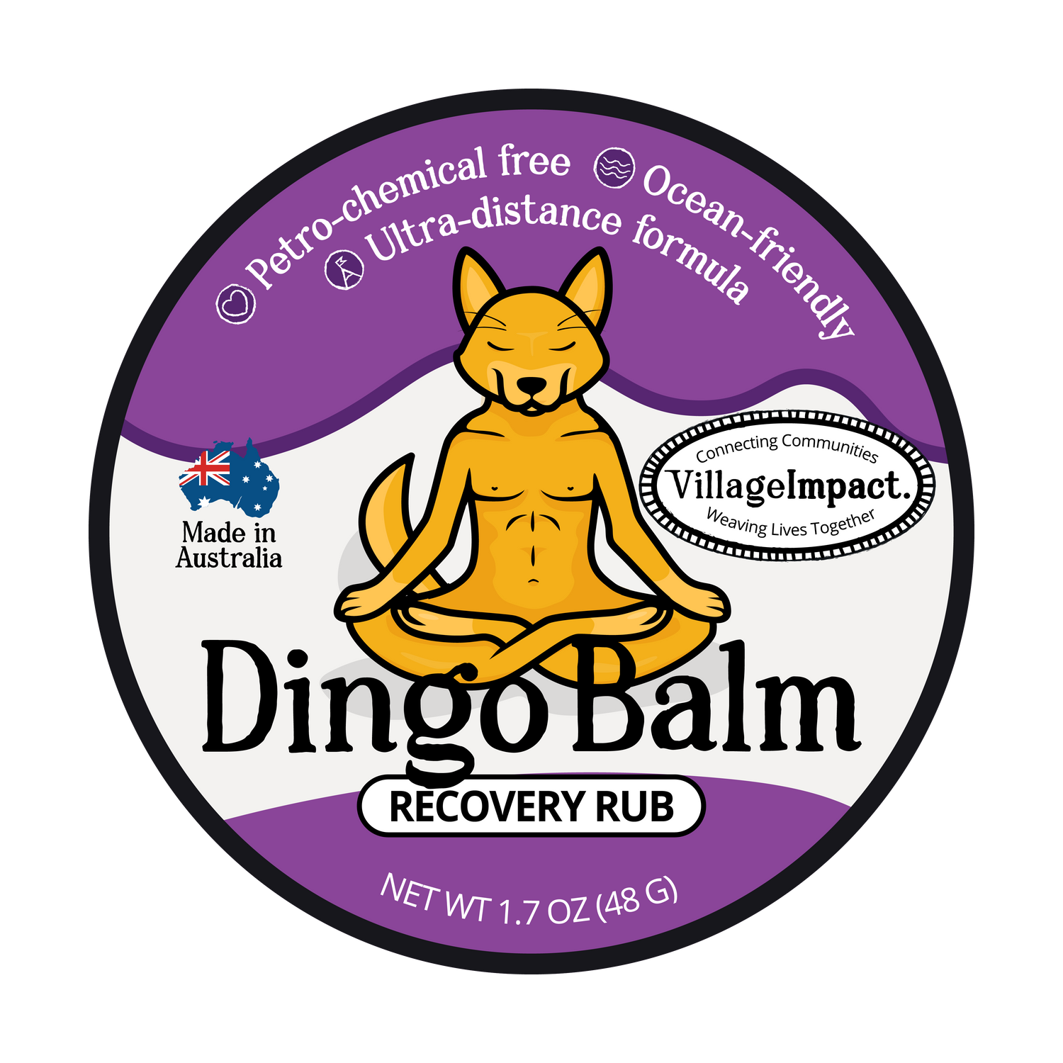 Label of Dingo Balm recovery rub featuring an illustration of a dingo sitting in a meditation pose with text detailing product information.