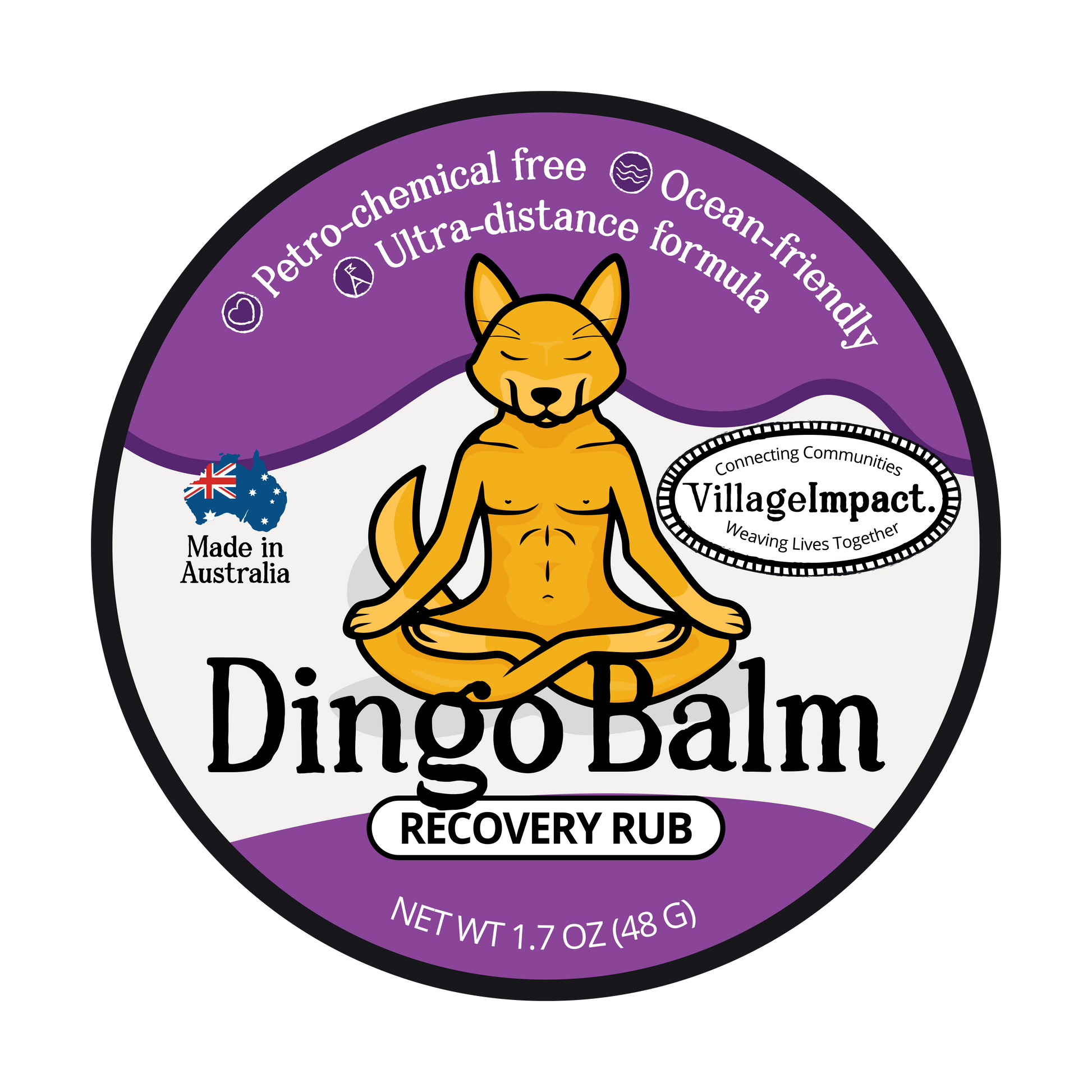 Label of Dingo Balm recovery rub featuring an illustration of a dingo sitting in a meditation pose with text detailing product information.